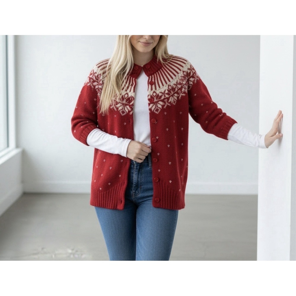 Vtg Orvis 100% Wool Cardigan Womens Fair Isle‎ Red Snowflake Nordic Holiday Sz M